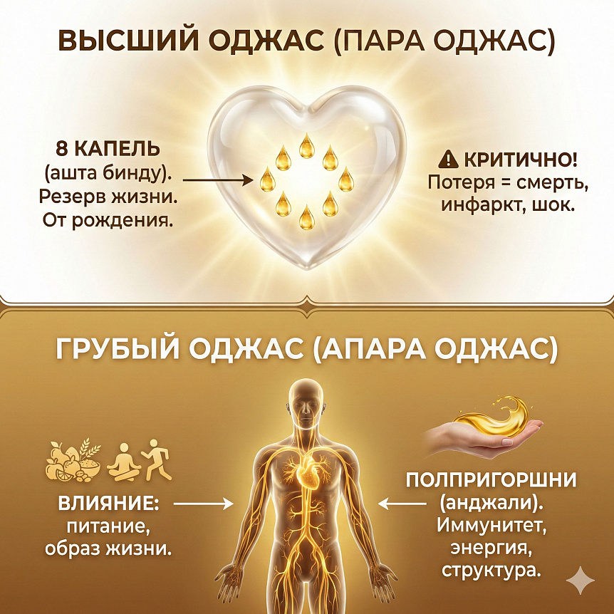 Инфографика: высший (пара) и грубый (апара) оджас в аюрведе