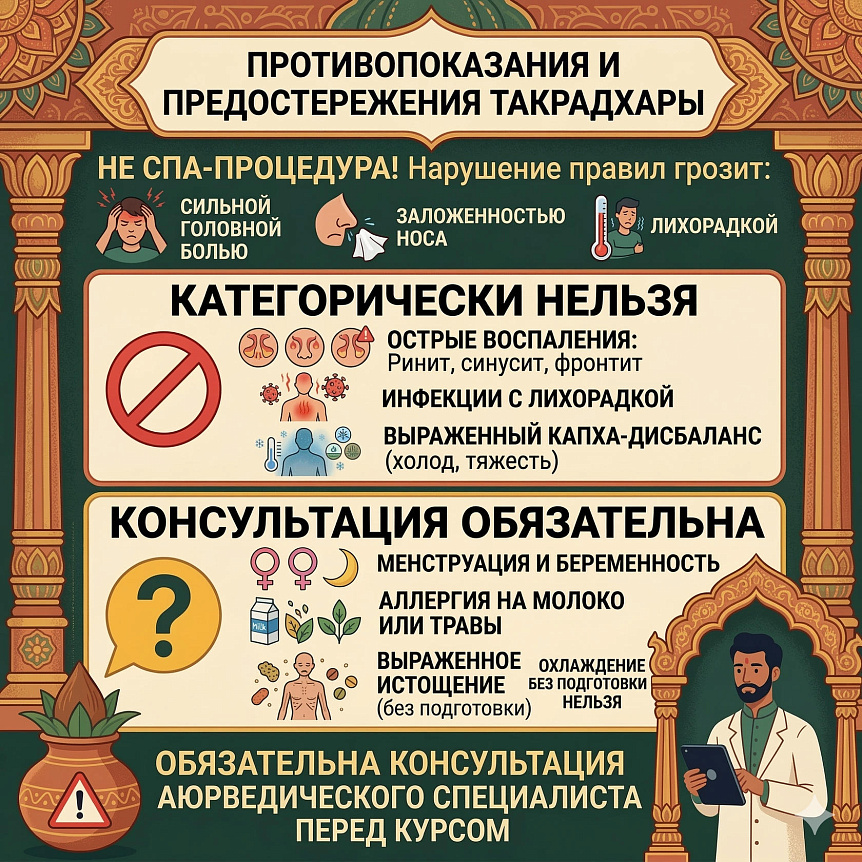 Инфографика медицинских ограничений предупреждает о строгих противопоказаниях к процедуре такрадхара