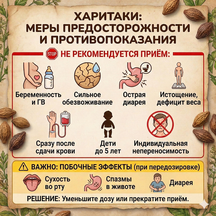 Инфографика: противопоказания к приему харитаки и побочные эффекты