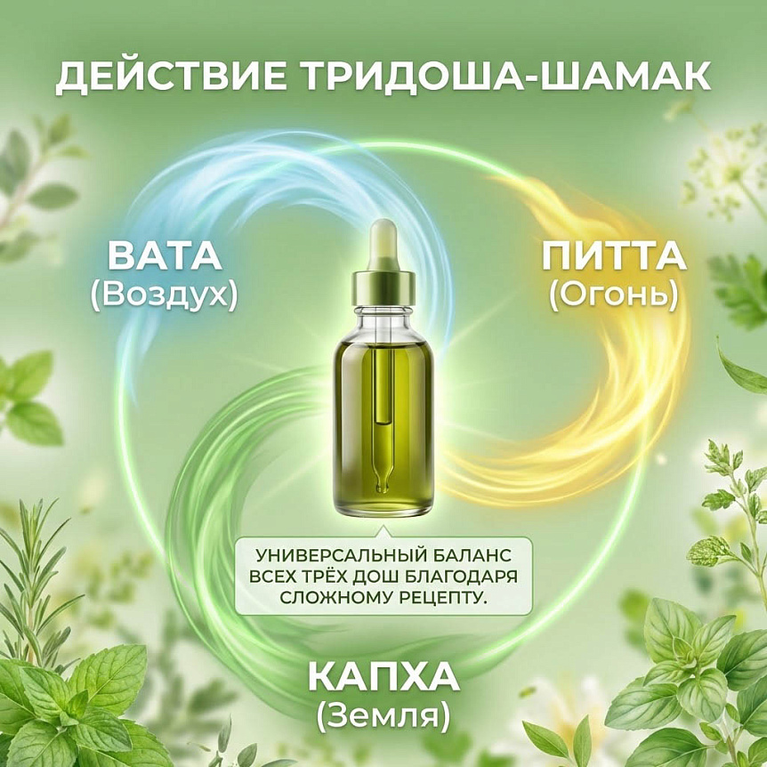 Схема балансировки трех дош (ВАТА, ПИТТА, КАПХА) маслом Ану тайлам благодаря сложному рецепту тридоша-шамак.