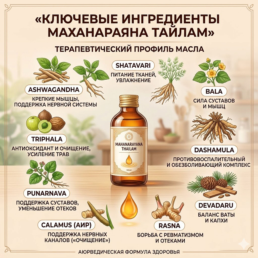 Схема флакона Маханараяна тайлам окруженного девятью травами, визуализация терапевтического профиля масла