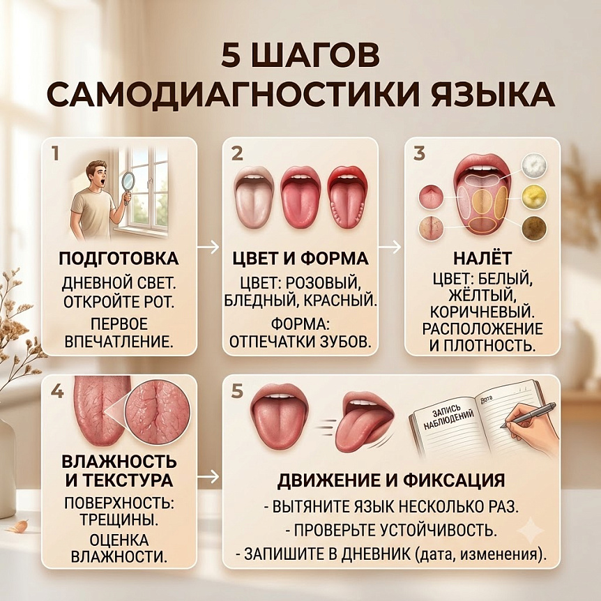 Схема пяти шагов самоосмотра языка: подготовка, оценка цвета, налета и текстуры для самостоятельной диагностики.