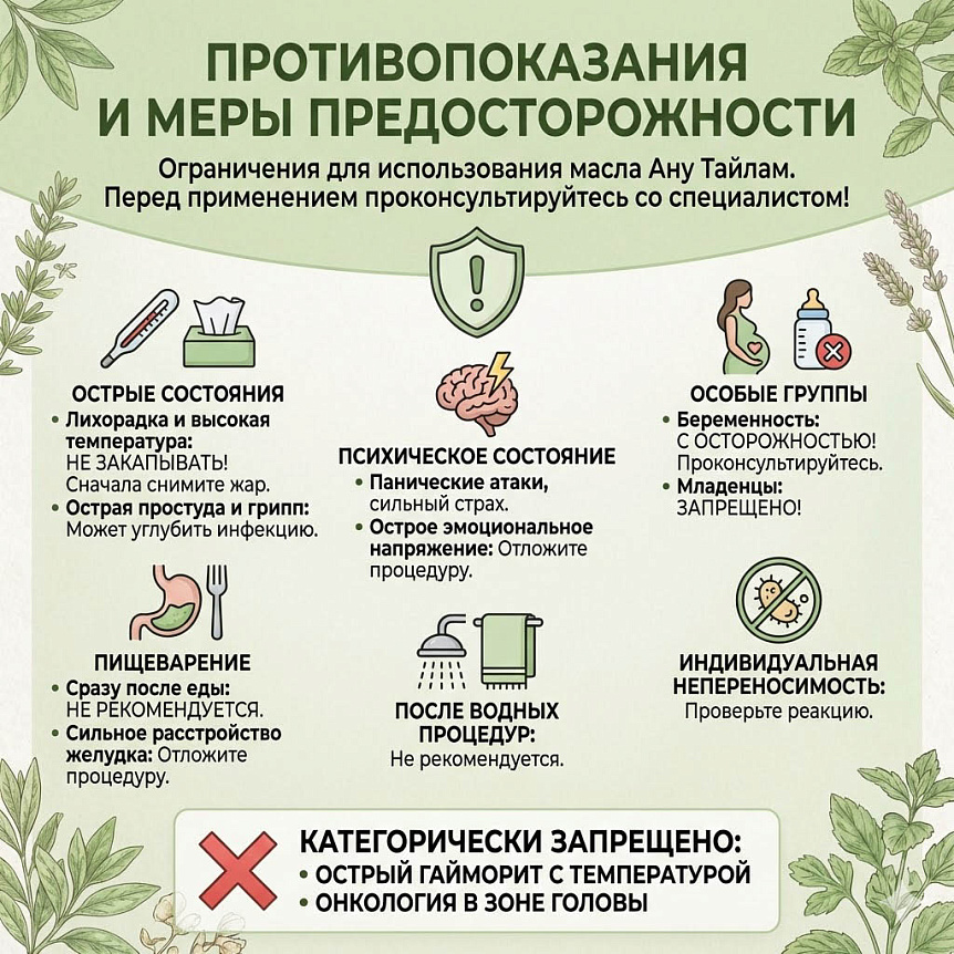 Инфографика противопоказаний Ану тайлам: запрет при лихорадке, остром гайморите, онкологии головы, для младенцев; осторожность при беременности.