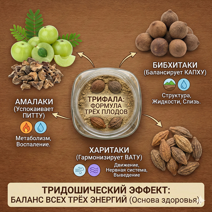 Инфографика: состав трифалы и её влияние на баланс трёх дош