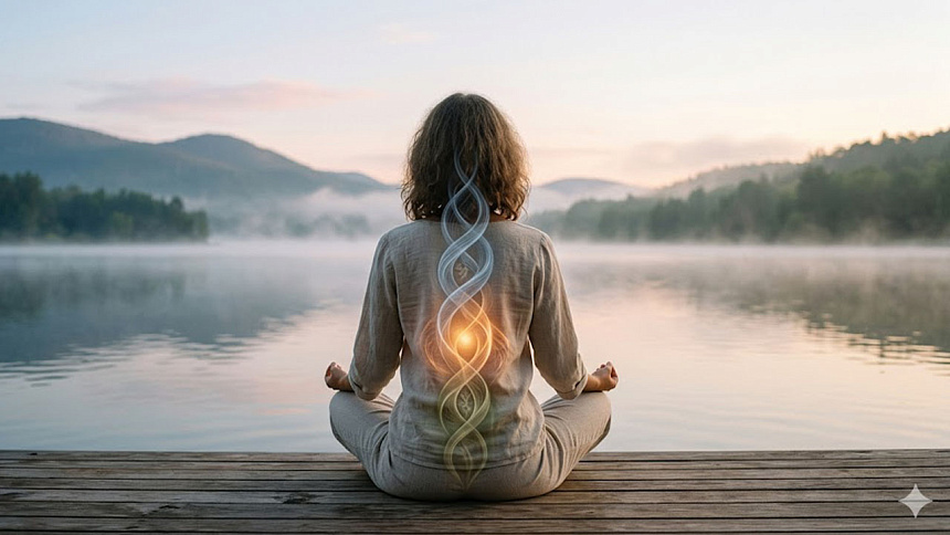 девушка медитирует у озера