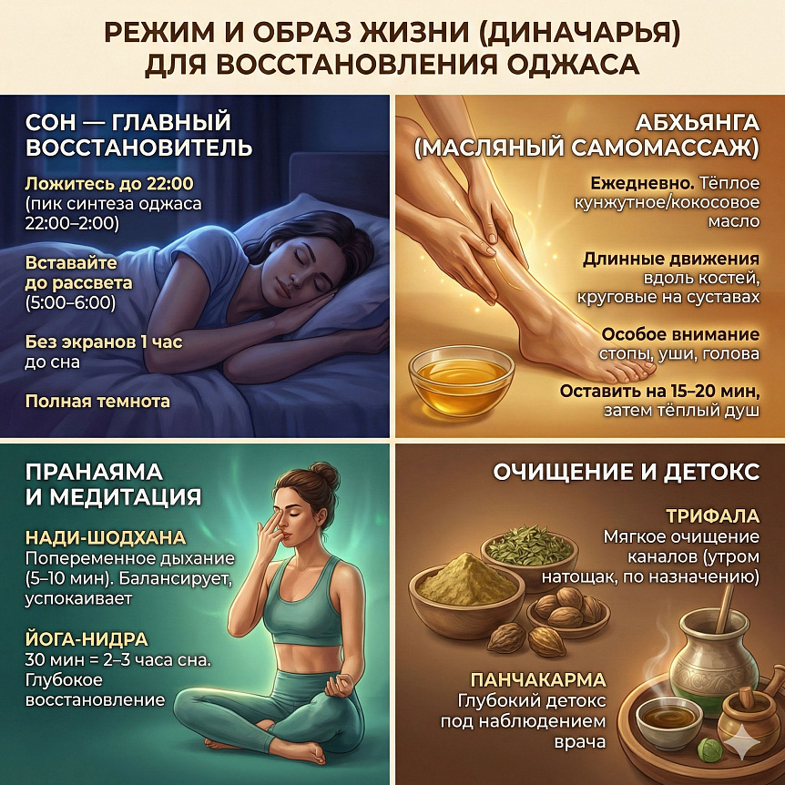 Инфографика: режим дня (диначарья) и практики для восстановления оджаса