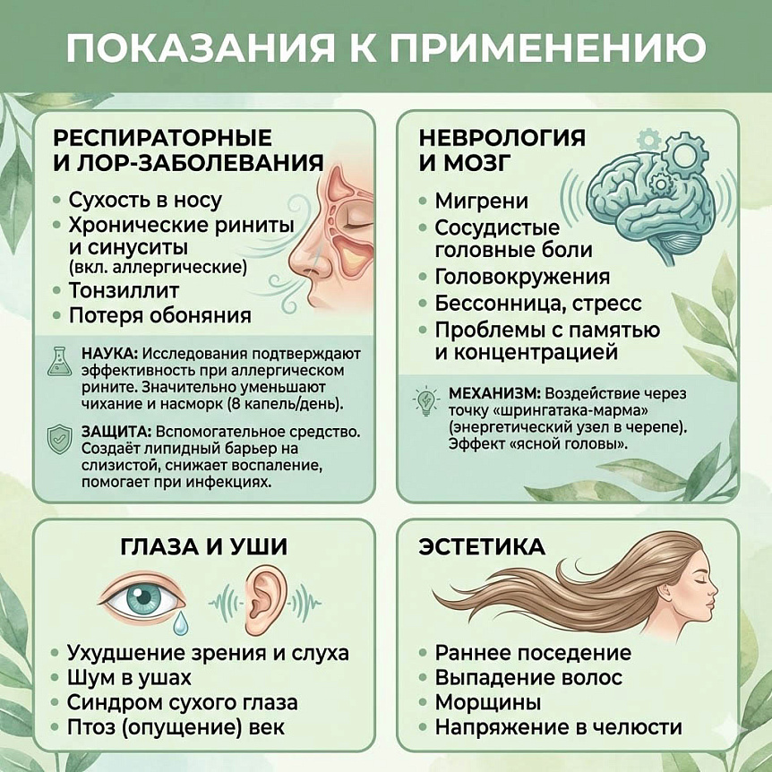 Инфографика показаний к применению масла Ану тайлам. Четыре блока: ЛОР-заболевания, неврология, глаза и уши, эстетика.