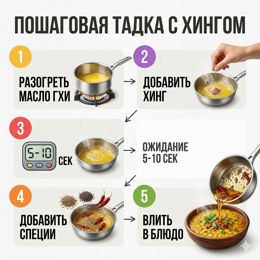 Схема, показывающая пошаговый процесс приготовления тадки с хингом и специями для дала
