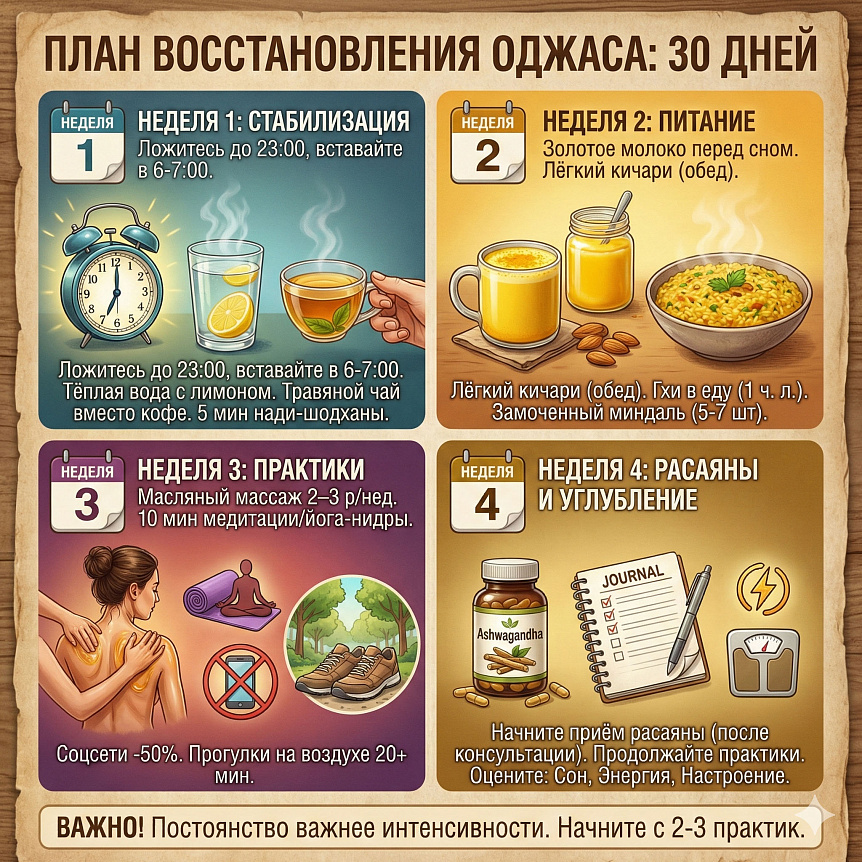 Инфографика: 30-дневный план восстановления оджаса по неделям (режим, питание, практики, расаяны)