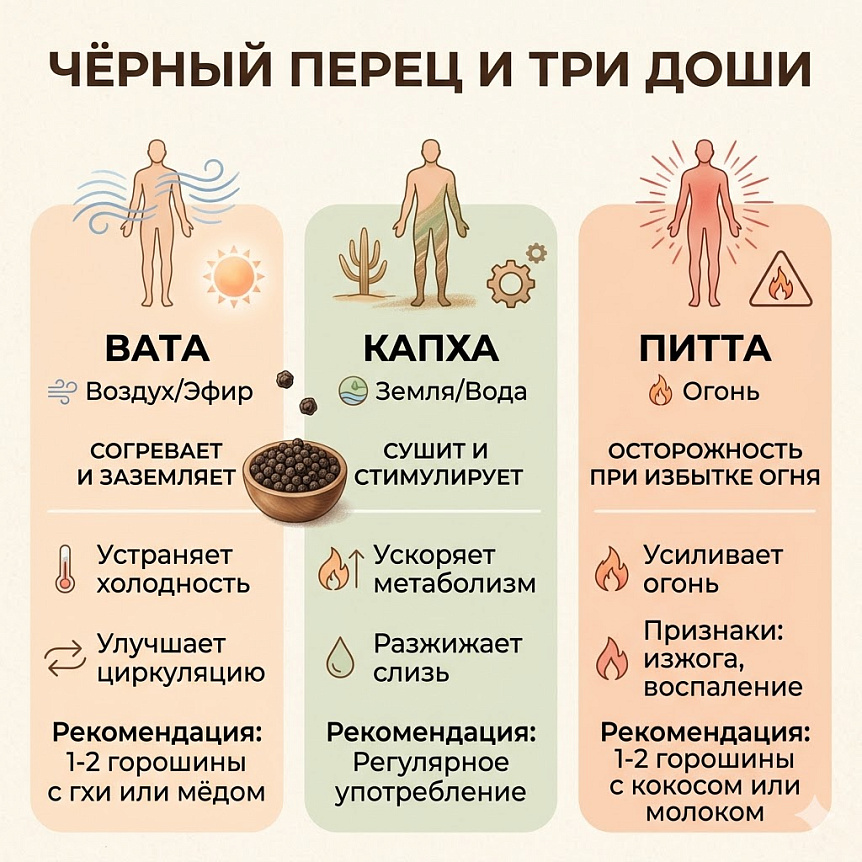 Инфографика показывает, как чёрный перец согревает Вату, стимулирует Капху и требует осторожности для Питты в Аюрведе.
