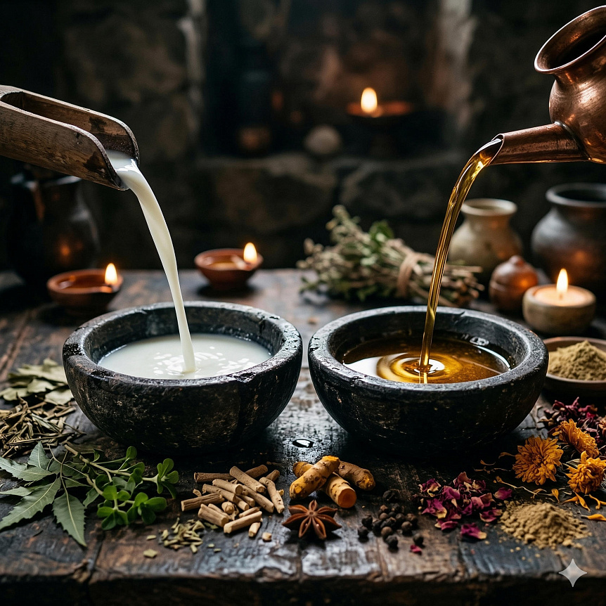 Макрофото прохладной пахты и тёплого масла, налитых в чаши, для выбора между широдхарой и такрадхарой