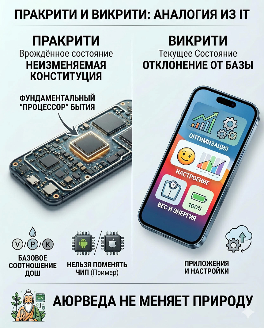 Инфографика, сравнивающая пракрити и викрити через IT-аналогию аппаратной базы и ПО для понимания аюрведы.