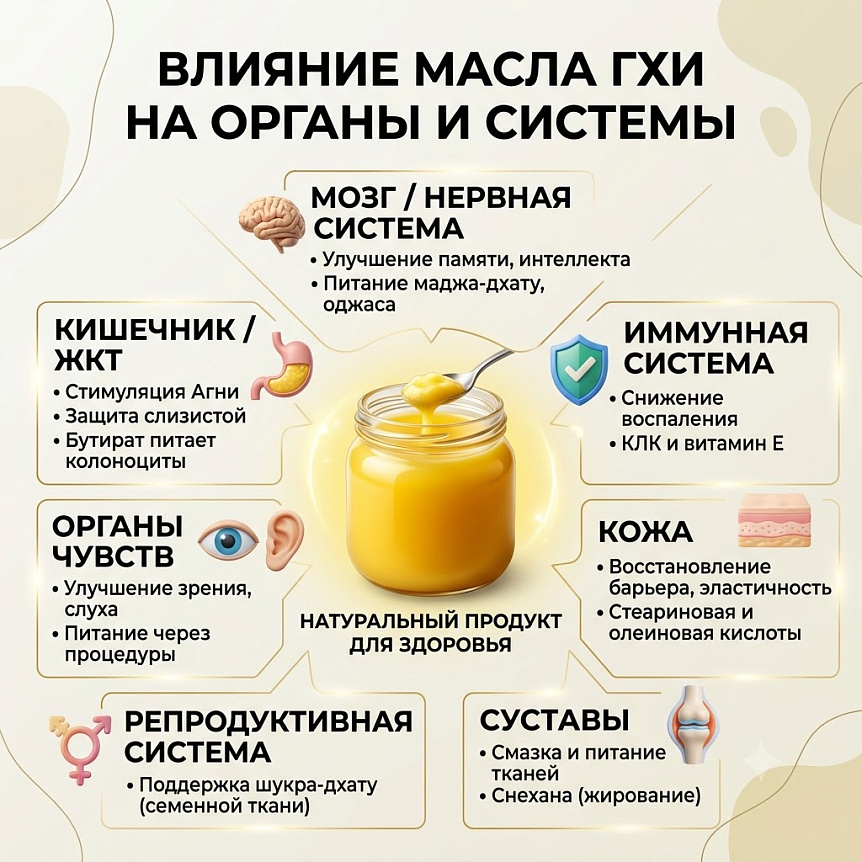 Инфографика свойств топленого масла гхи для оздоровления организма, укрепления ЖКТ, суставов, нервной и иммунной систем.