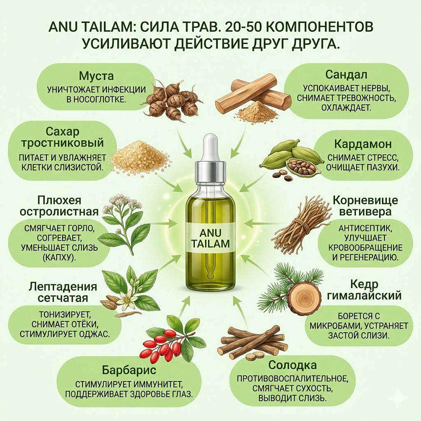 Инфографика состава капель Ану тайлам, детально показывающая ключевые травы и их лечебные свойства для здоровья носоглотки.