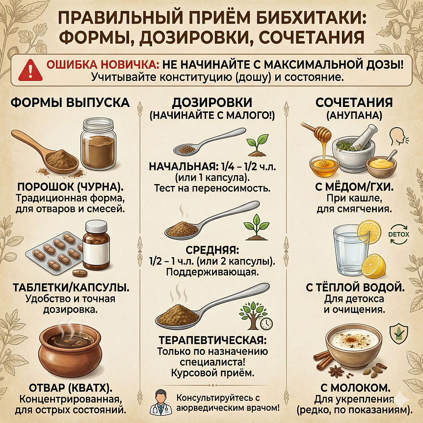 Схема: формы, дозировки и сочетания для приема бибхитаки