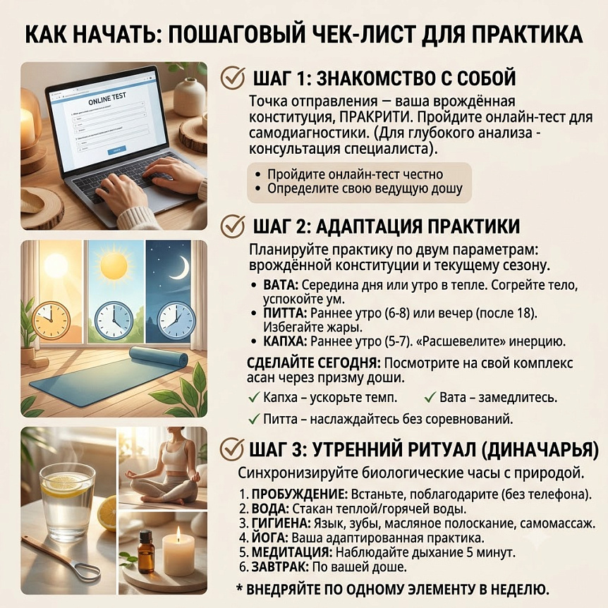 Инфографика-чеклист показывает этапы адаптации йоги по дошам и правила утренних ритуалов диначарьи по Аюрведе.