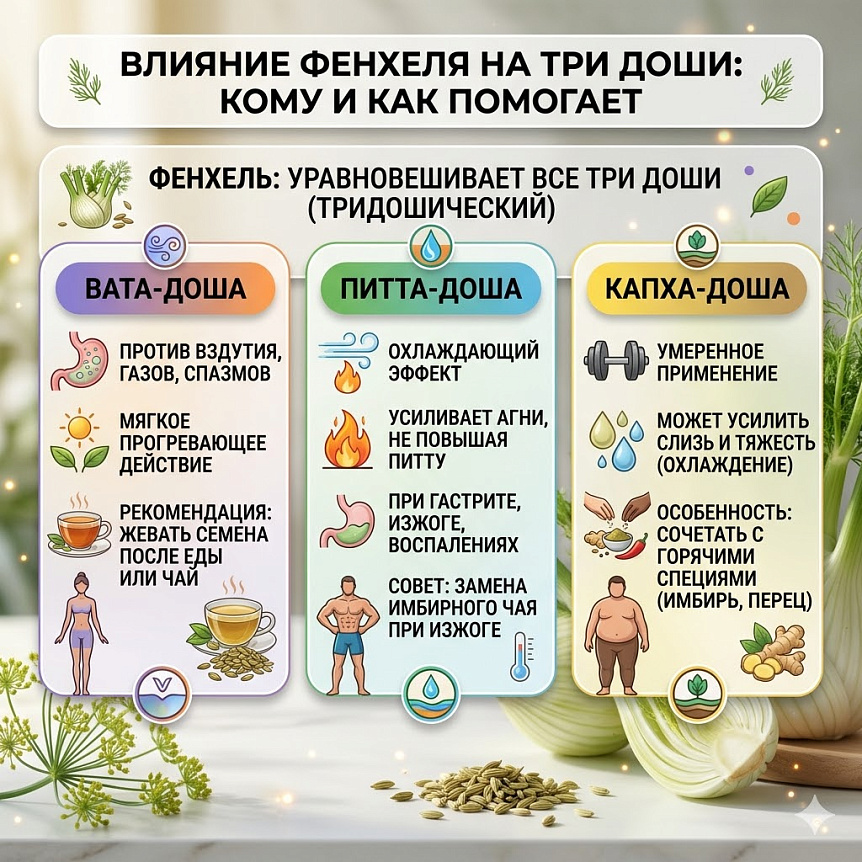 Инфографика показывает влияние фенхеля на доши вата, питта и капха для баланса пищеварения в аюрведе.