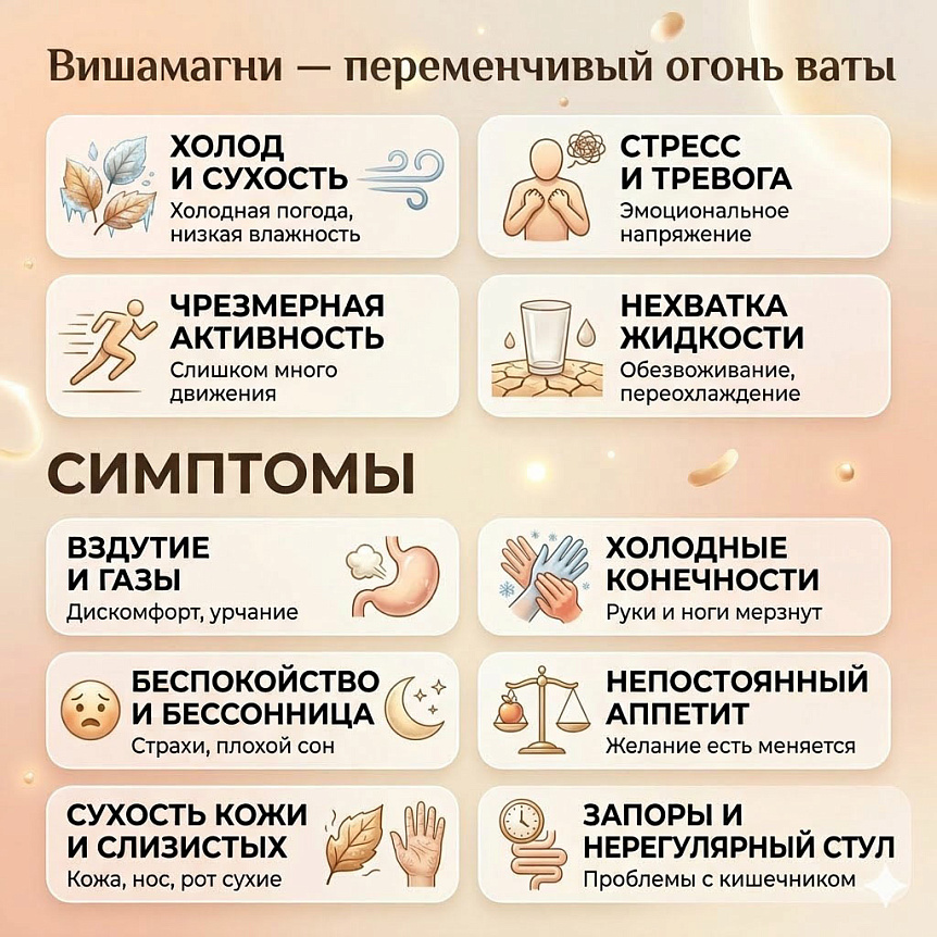 Инфографика причин (холод, стресс, обезвоживание) и симптомов (вздутие, бессонница, запор) дисбаланса организма