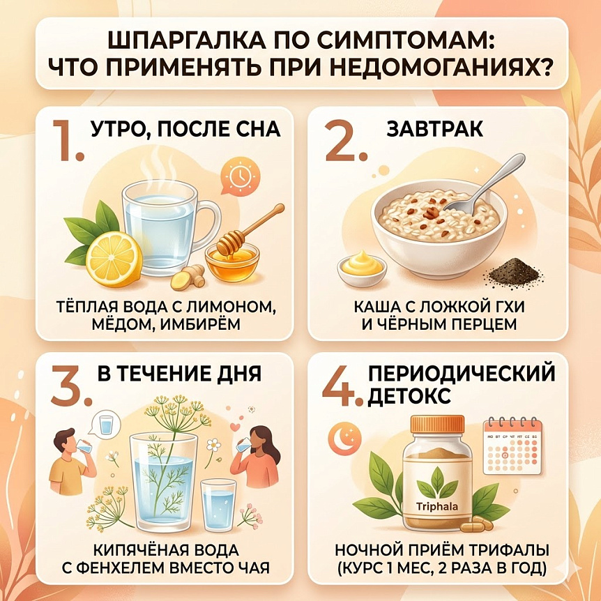 Инфографика: четыре ежедневные полезные привычки для повышения энергии и защиты от простуды методами аюрведы.