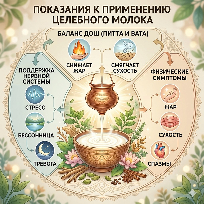 Схема показаний аюрведического лечения молоком для баланса дош, поддержки нервной системы и снятия физических симптомов.