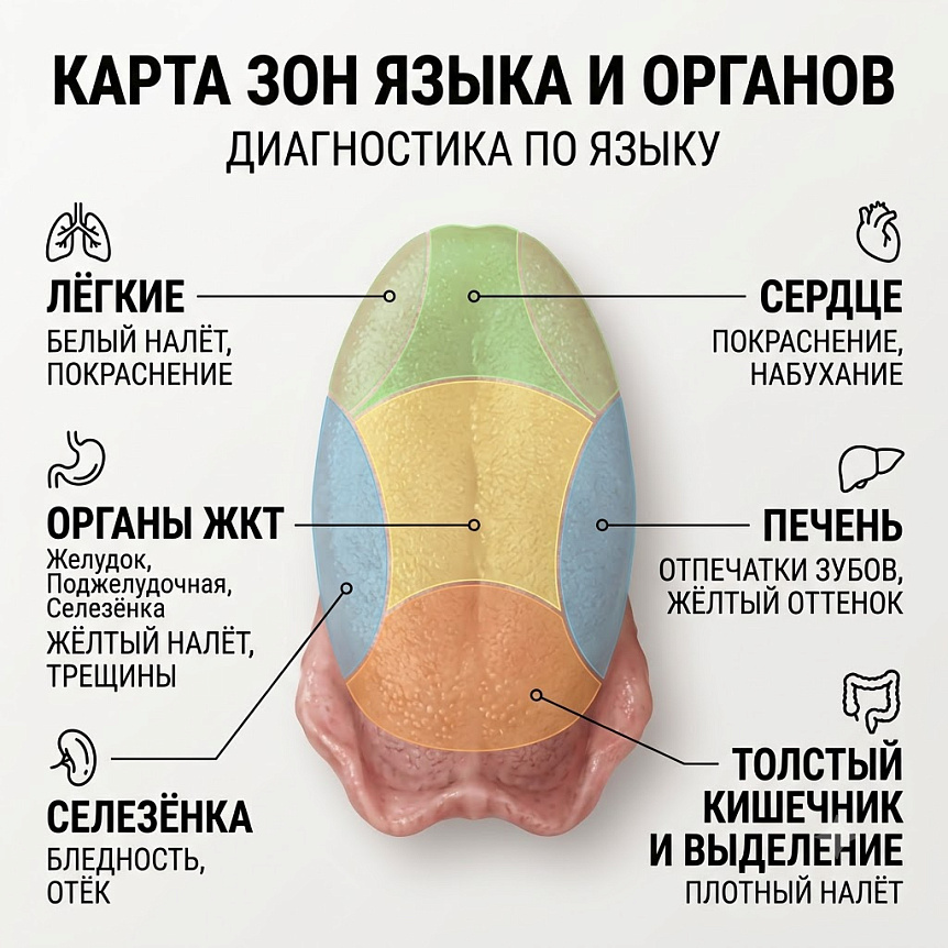 Инфографика карта зон языка сопоставляющая участки с органами: сердце, легкие, ЖКТ, печень для диагностики по налёту.