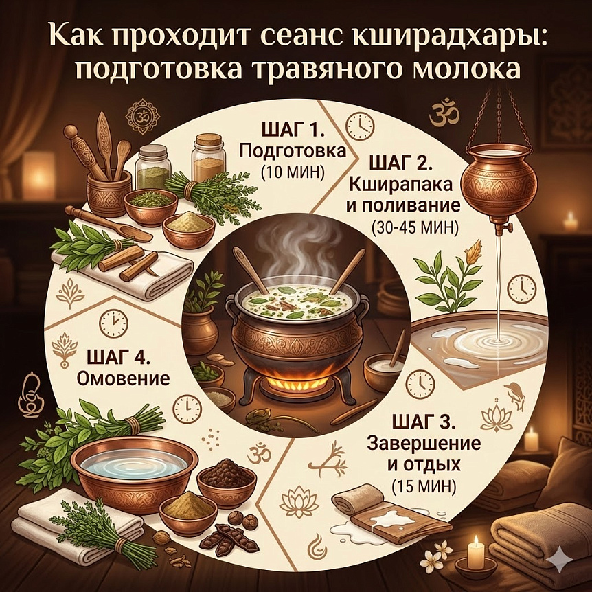 Схема-инфографика этапов сеанса кширадхары. Показаны последовательно подготовка травяного молока, поливание, отдых и омовение.