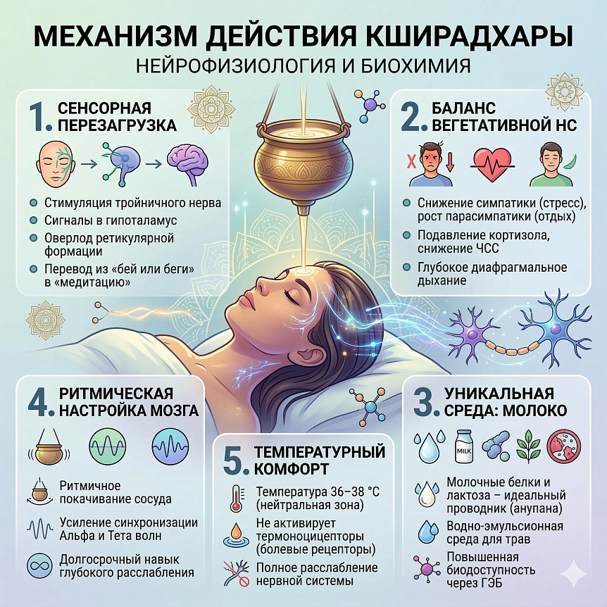 Схема нейрофизиологии кширадхары: стимуляция тройничного нерва и гипоталамуса для активации парасимпатической системы