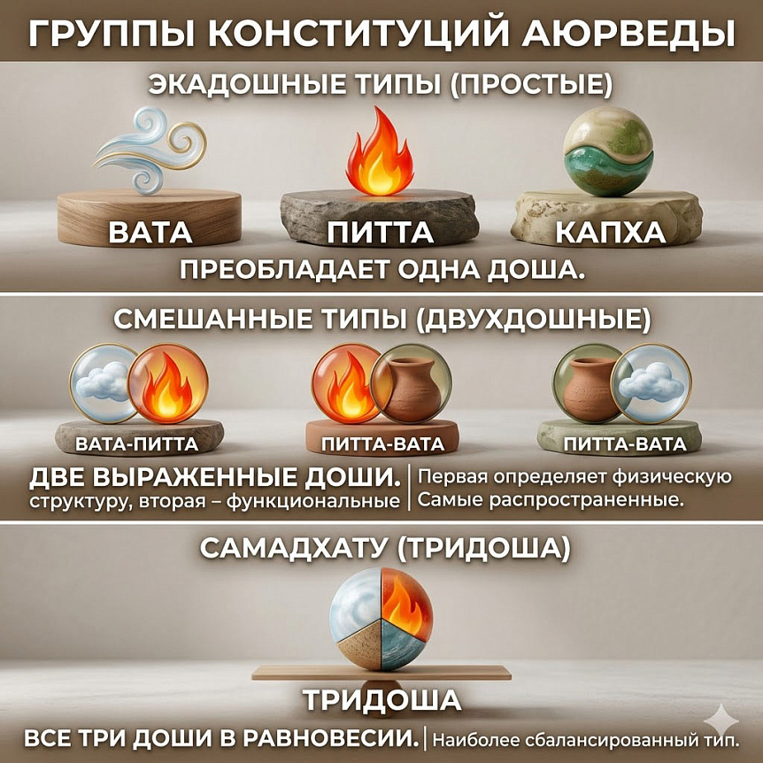 Схема групп аюрведических конституций пракрити: простые Вата, Питта, Капха; смешанные типы; сбалансированная тридоша.