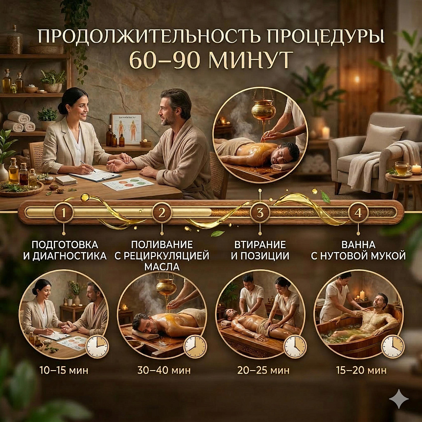 Инфографика этапов массажа пижичил от подготовки до ванны с нутовой мукой с указанием длительности каждого шага сеанса.