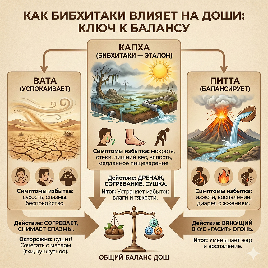 Схема влияния бибхитаки на баланс дош вата, питта и капха