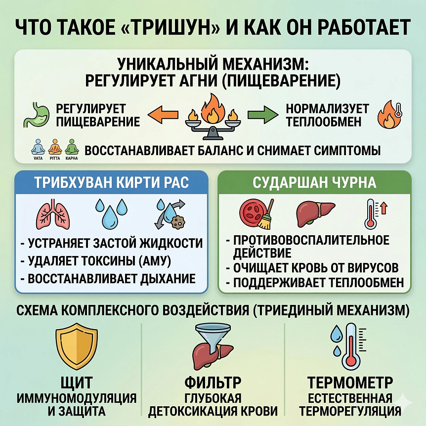 Схема триединого механизма Тришун: иммуномодуляция, детоксикация печени и естественная терморегуляция