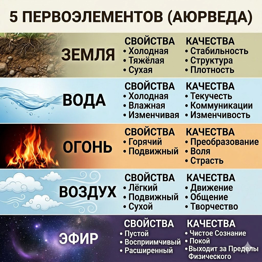 Схема-инфографика, показывающая пять первоэлементов Аюрведы, с описанием их свойств (Земля, Вода, Огонь, Воздух, Эфир) и качеств.
