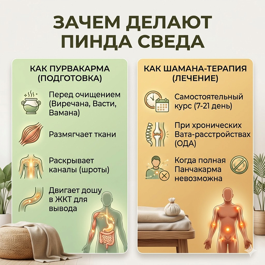 Схема: применение пинда сведа как пурвакармы для подготовки к очищением и шамана-терапии для лечения хронических вата-расстройств