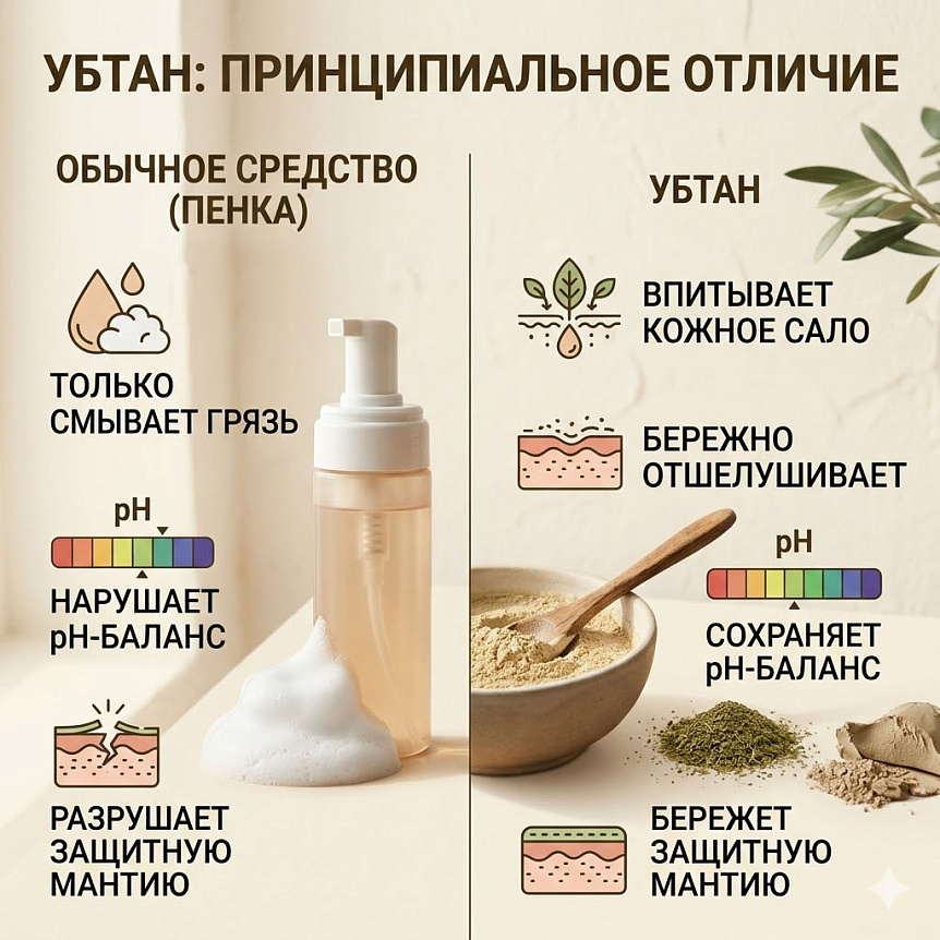 Схема-инфографика сравнивает обычную пенку и Убтан, показывая их воздействие на себум, pH-баланс и защитную мантию кожи
