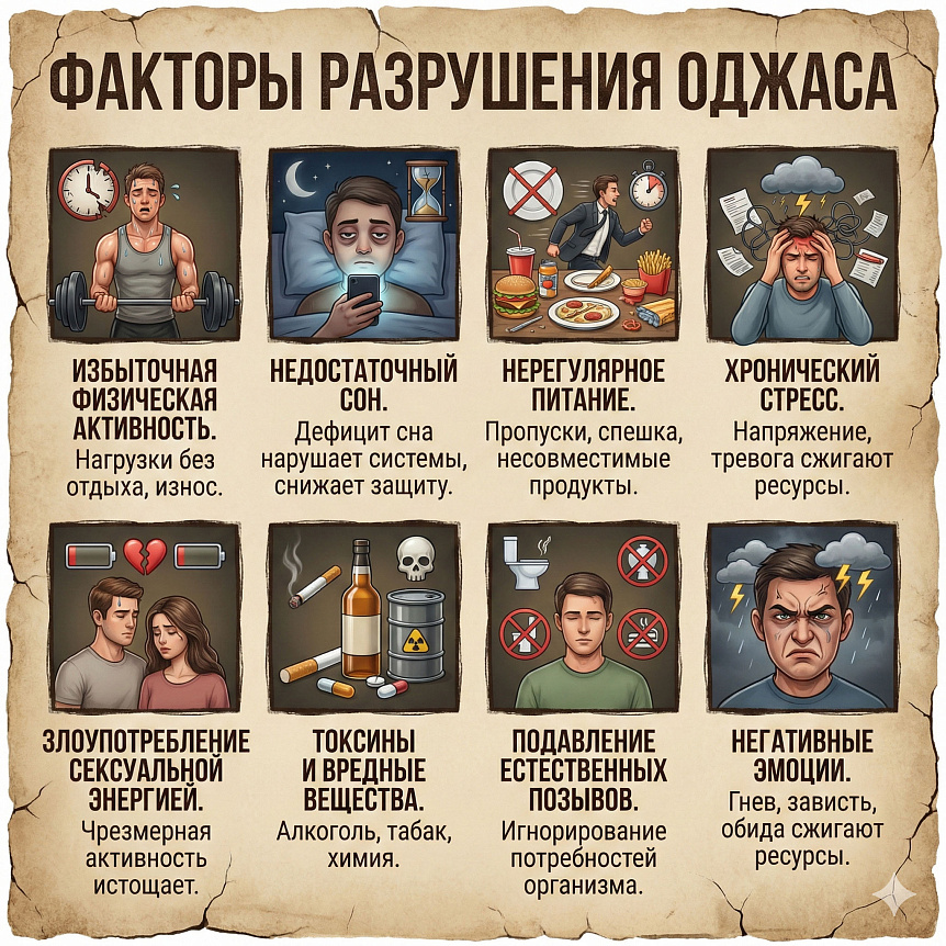 Инфографика: факторы разрушения оджаса в аюрведе (стресс, недосып, питание)