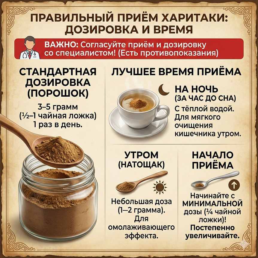 Инфографика: правильная дозировка и время приема порошка харитаки