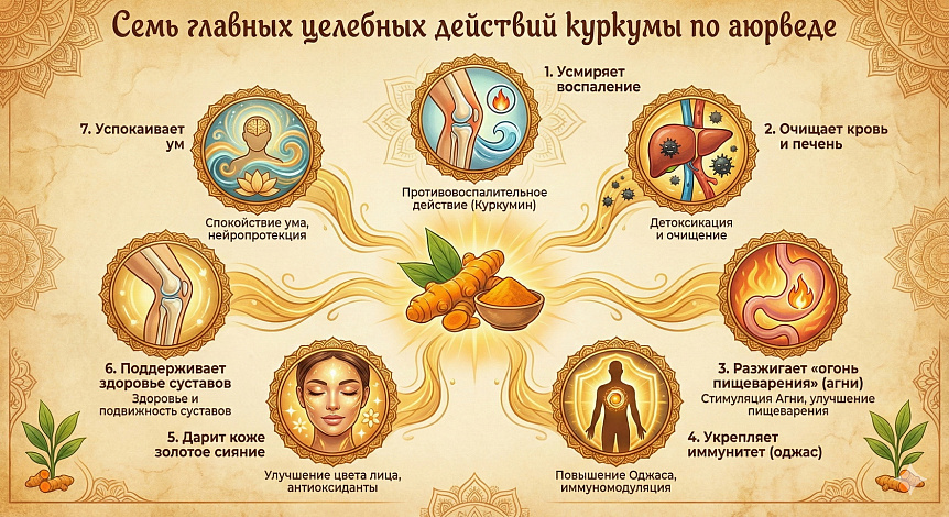 Главные целебные свойства куркумы в аюрведе — инфографика