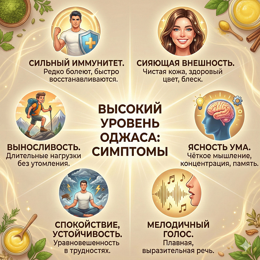 Инфографика: 6 симптомов высокого уровня оджаса в аюрведе