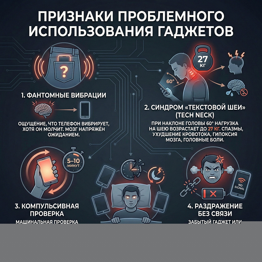 Инфографика 5 признаков цифровой зависимости и вред смартфона для здоровья
