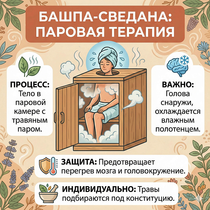 Инфографика процедуры башпа-сведана: тело прогревается в фитобочке, а голова остается снаружи для защиты мозга