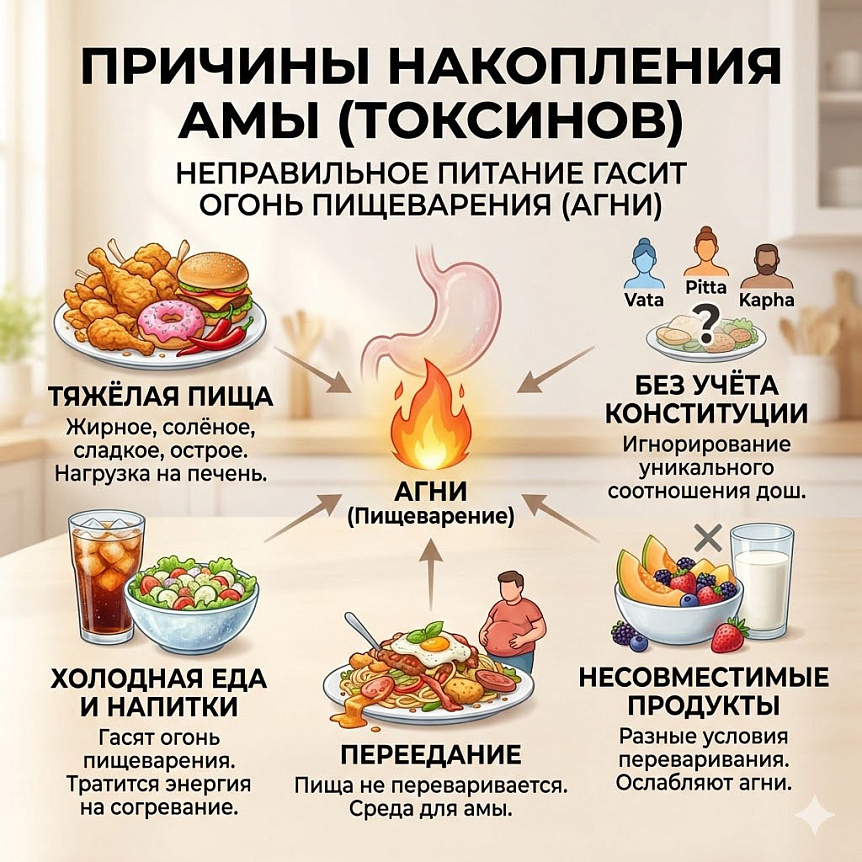 Инфографика в Аюрведе: 5 причин накопления амы (токсинов) из-за неправильного питания, которые гасят огонь пищеварения (агни).