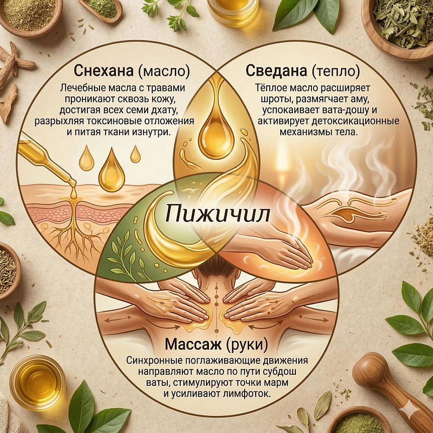Схема процедуры пижичил: сочетание теплого масла, промасливания снехана и ручного массажа для детоксикации организма.