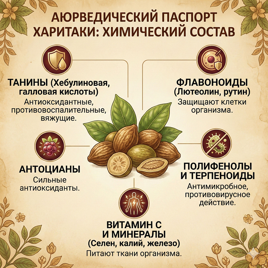 Схема химического состава харитаки: танины, флавоноиды, витамины в аюрведе