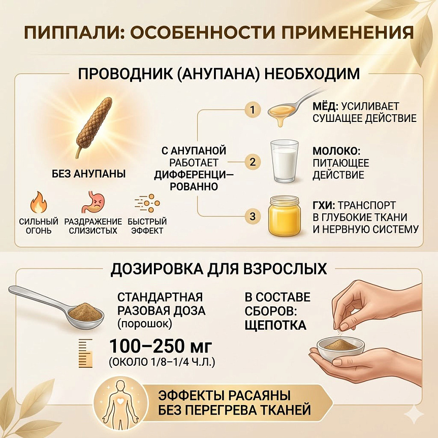 Инфографика с пиппали, мёдом, молоком и гхи показывает функции анупан и безопасную дозировку 100–250 мг для усвоения