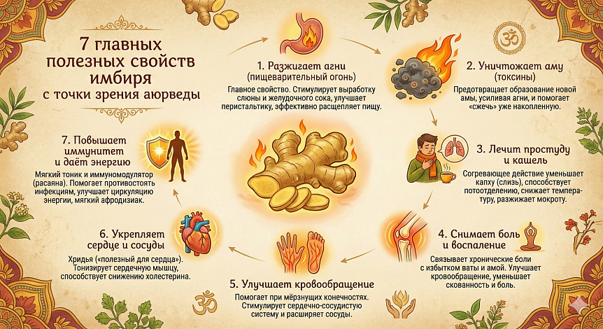 инфографика с иллюстрациями, описывающая 7 главных полезных свойств имбиря с точки зрения аюрведы