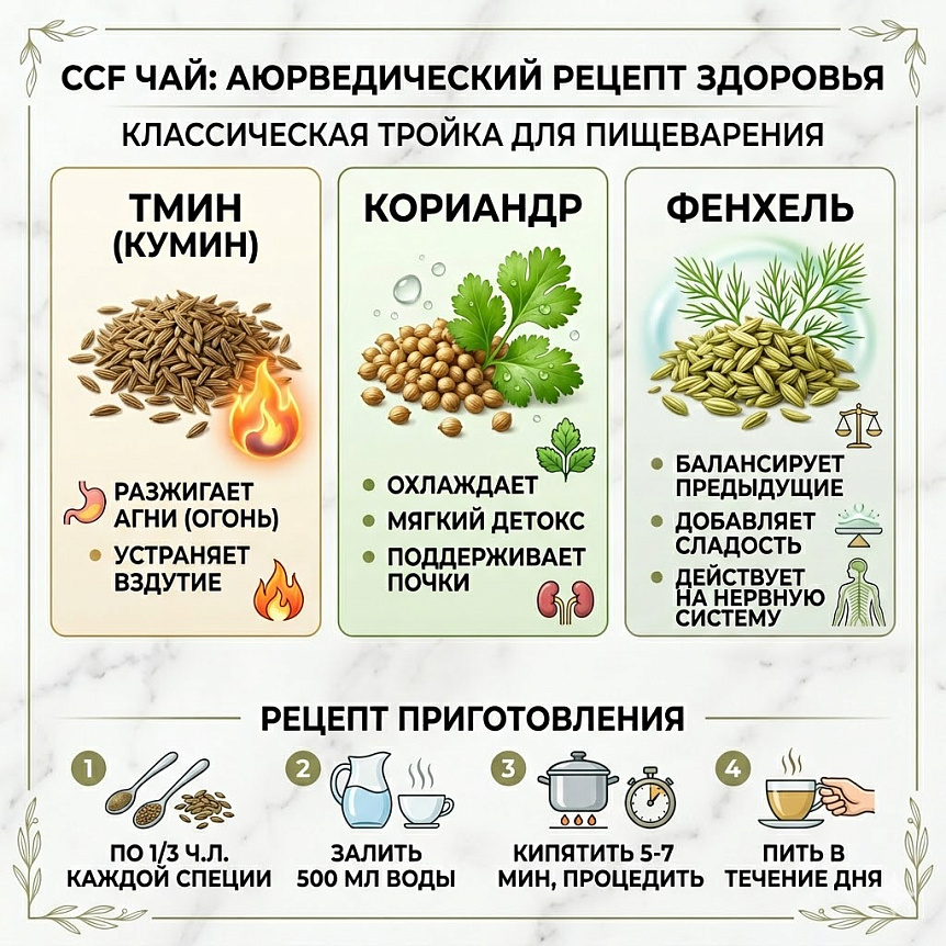 Инфографика с рецептом аюрведического чая CCF, описывающая пользу тмина, кориандра, фенхеля для улучшения пищеварения.