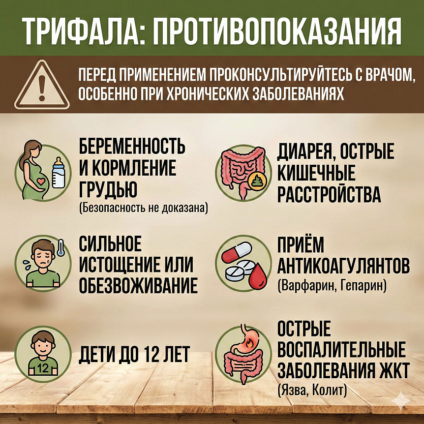 Инфографика: Противопоказания к применению Трифалы и меры предосторожности