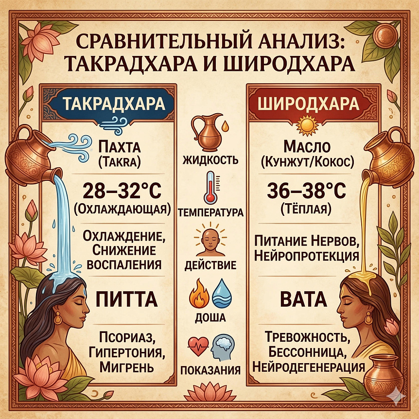 Схема характеристик такрадхары и широдхары демонстрирует главные отличия этих аюрведических процедур