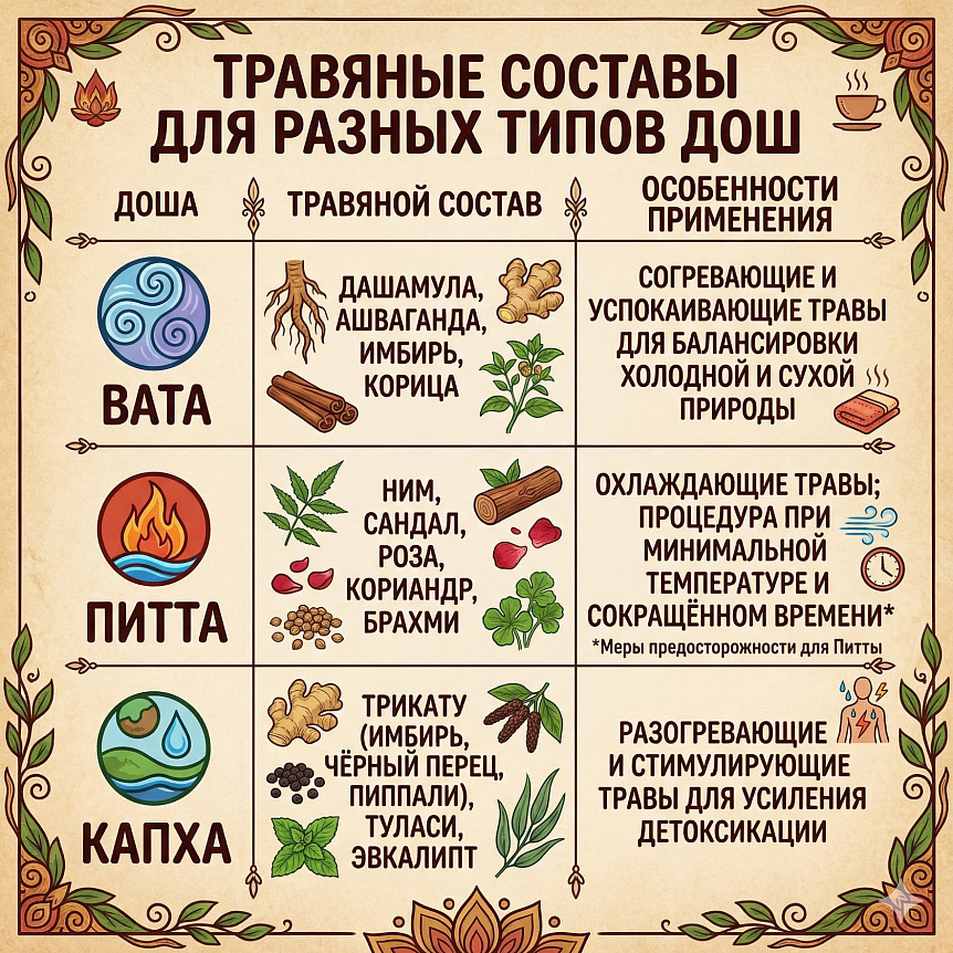 Таблица подбора травяных составов для Вата, Питта и Капха доши
