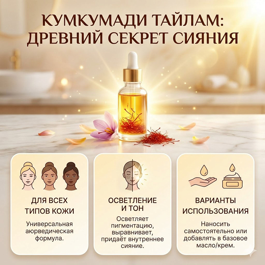 Инфографика: Масло Кумкумади Тайлам с шафраном. Свойства для всех типов кожи: осветление пигментации, выравнивание тона, сияние. Способы применения в аюрведе.